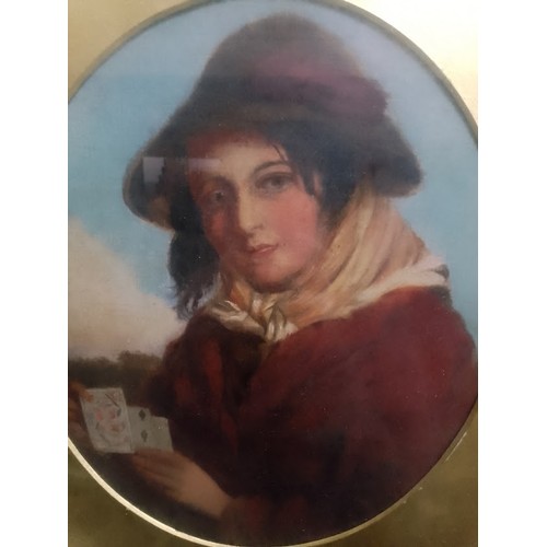 775 - Late 19th/early 20th century school, oil on board, portrait of a woman holding playing cards, 23.5cm... 