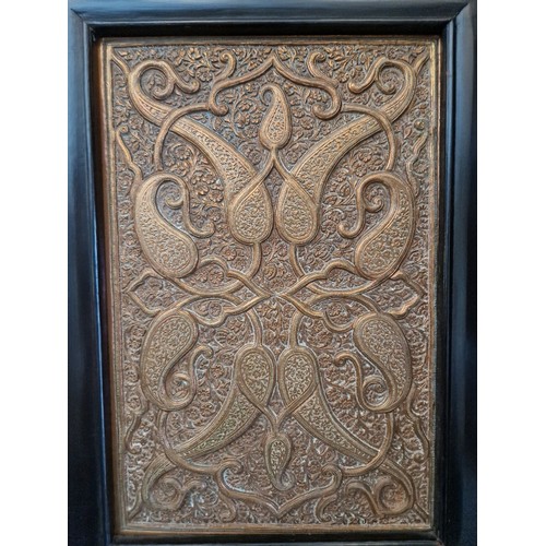 787 - Framed Indian copper relief panels, 52.5cm x 38.5cm (overall).