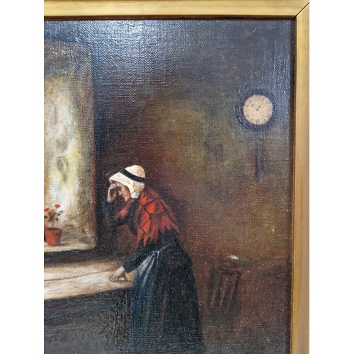 726 - 20th century school, oil on canvas, interior scene with woman by a window, 29.5cm x 45cm, signed 'C ... 