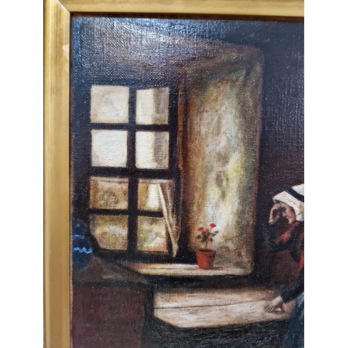 726 - 20th century school, oil on canvas, interior scene with woman by a window, 29.5cm x 45cm, signed 'C ... 