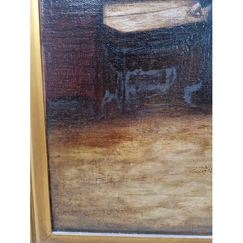 726 - 20th century school, oil on canvas, interior scene with woman by a window, 29.5cm x 45cm, signed 'C ... 