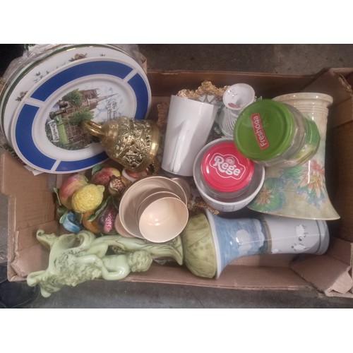 349 - 6 boxes of miscellaneous ceramics, ornaments, playing cards, etc.