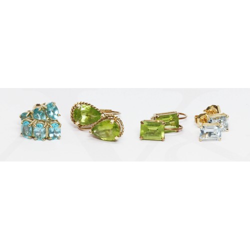 70 - Four pairs of assorted earrings comprising aquamarine, apatite and peridot, two pairs hallmarked 9ct... 