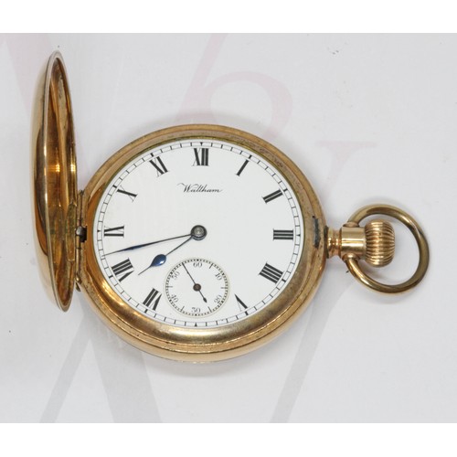 188 - A gold plated Waltham traveller full hunter pocket watch.