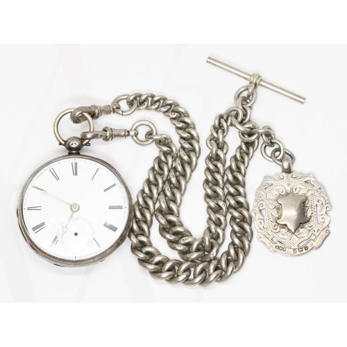 187 - A 19th century open faced silver pocket watch, double Albert silver watch chain with T bar and fob. ... 