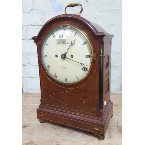 262 - A 19th century Regency period double fusee mahogany bracket clock striking on single bell, the paint... 