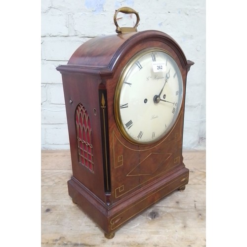 262 - A 19th century Regency period double fusee mahogany bracket clock striking on single bell, the paint... 