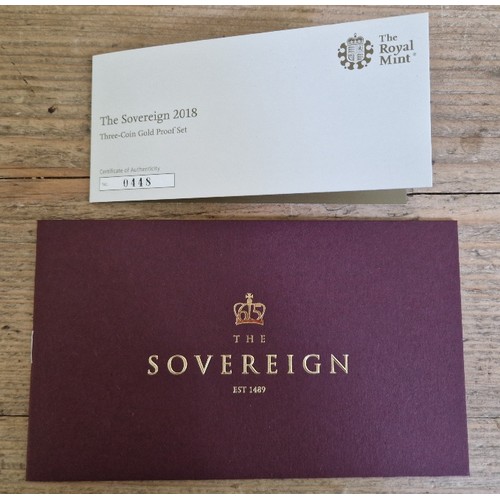 308 - The Royal Mint, The Sovereign 2018 Three-Coin Gold Proof Set, 3 22ct gold coins comprising of a sove... 