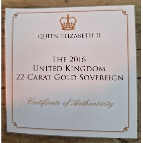 317 - A Jubilee Mint, the 2016 United Kingdom 22-Carat Gold Sovereign, 7.98g, boxed with certificate, Buye... 