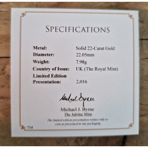 318 - A Jubilee Mint, the 2016 United Kingdom 22-Carat Gold Sovereign, 7.98g, boxed with certificate, Buye... 