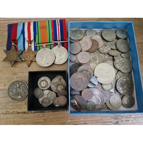 324 - A tray of assorted coins & medals to include some silver coins & a 1893 crown etc.