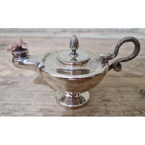 343 - A hallmarked silver Aladdin's lamp table lighter, with serpent handle, Sheffield, Walker & Hall, 192... 