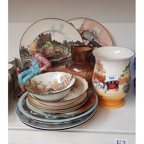 568 - Royal Doulton - ‘Dickens’ series ware items and other pieces including a stoneware jug with applied ... 