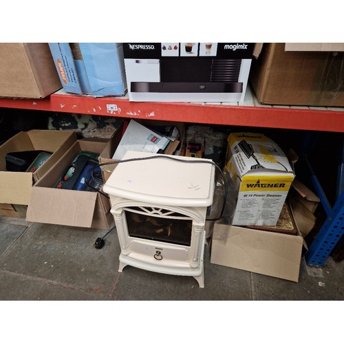 90 - Approx. 4 boxes of various tools, power tools, garage ware, etc together with an electric fire and a... 