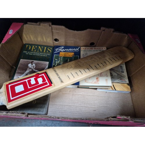 75 - A box of cricket memorabilia including signed Lancashire CC bat (Flintoff, Akram, Atherton, etc), si... 