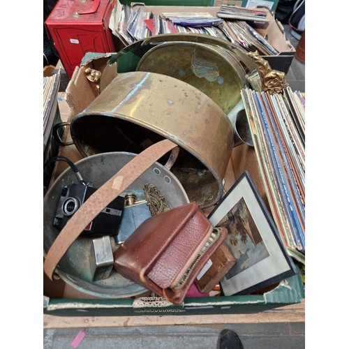 92 - A box of metal ware and other misc. items including brass jam pan, brass planter, flask, opera glass... 