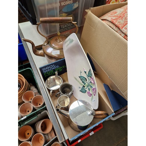 108 - A mixed lot comprising a Carlton Ware dish, a copper kettle and a silver plated tea set.