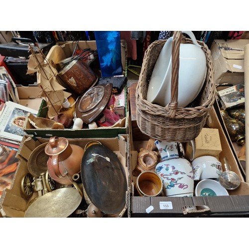 153 - 3 boxes of mixed pottery, metal ware, wicker basket, etc.