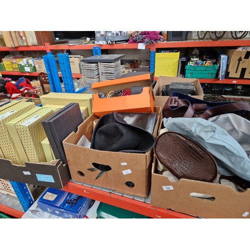 164 - 3 boxes of handbags to include leather, Italian, etc, silk ties, scarf, hats, etc.