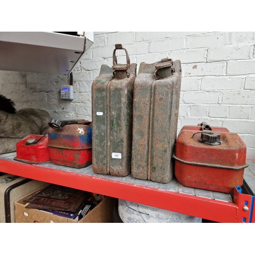 197 - Two large petrol cans together with three small petrol cans