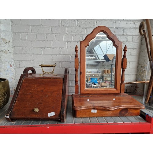 193 - A wooden coal bucket with metal liner together with a pine dressing table mirror with drawer