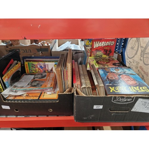 257 - Two boxes of assorted annuals to include Tarzan, Superman, Roy of the Rovers, Star Trek , Daily Mail... 