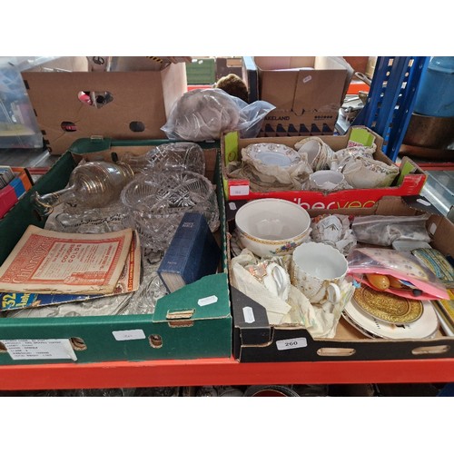 260 - 3 boxes containing a mixed lot ceramics and glass including Royal Vale part tea set, Wade whimsies, ... 