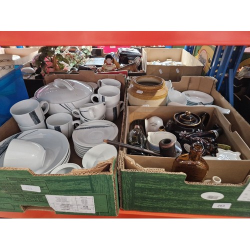 263 - 3 boxes containing a mixed lot of ceramics including Denby dinner and teawares, Windsor part tea set... 