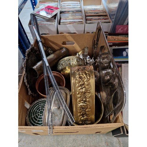 275 - A box of metalware including WW1 trench art shell, brassware, silver plate, etc.