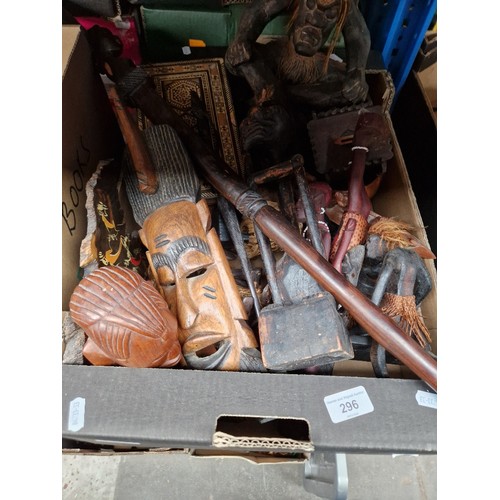 296 - A box of assorted treen including African, walking stick, masks etc.