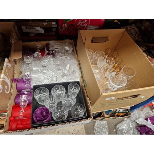 297 - Two boxes of glassware including Brierley 'Ascot' cut glass (30 pieces), cut glass tumblers, wine gl... 