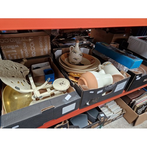 300 - 2 boxes of assorted vintage kitchenware/pottery 
 & a box of assorted glassware to include scales, p... 