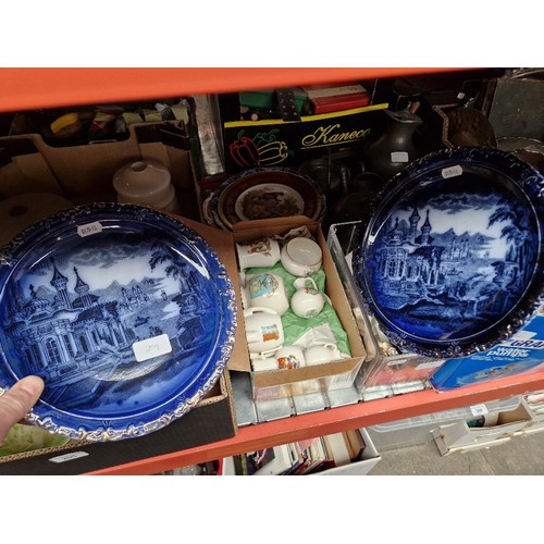 294 - A box of crested ware together with six various plates including a pair of Victorian blue floor plat... 