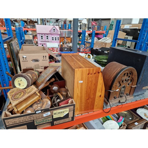 400 - A box of treen together with a wooden bread bin, a radio and a record deck.