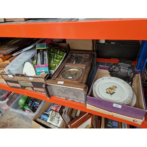 403 - 3 boxes of misc. including plates, picture frames, prints, tea lights, microphone, a wall clock with... 