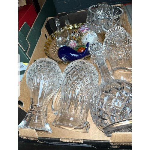 137 - Box of glassware, decanters, glass bowls, paperweights, cranberry glass, etc.