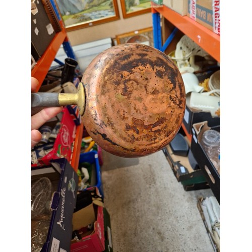 285 - A box of metalware including Swiss copper pan, Victorian and later pans, enamelled, etc.