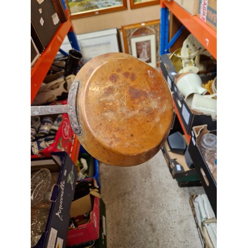 285 - A box of metalware including Swiss copper pan, Victorian and later pans, enamelled, etc.