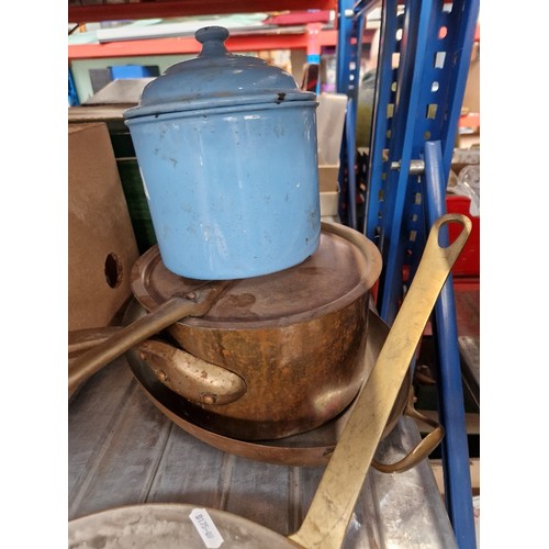 285 - A box of metalware including Swiss copper pan, Victorian and later pans, enamelled, etc.