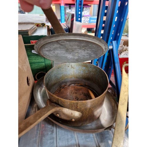 285 - A box of metalware including Swiss copper pan, Victorian and later pans, enamelled, etc.