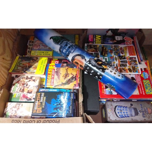 240 - Two boxes of assorted mainly books and magazines including Playfair football and cricket books, Dan ... 