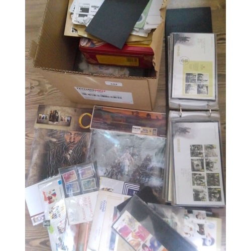 244 - A box of assorted stamps and covers, mint stamp packs, FDCs, two New Zealand Lord of The Rings unope... 