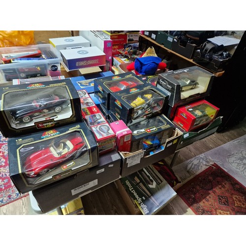 345 - Three boxes of assorted boxed model vehicles to include Burago cars, Guiloy motorbike, Maisto motorb... 