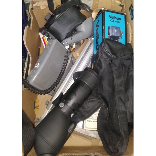 294 - Seven boxes of assorted camera equipment and binoculars.