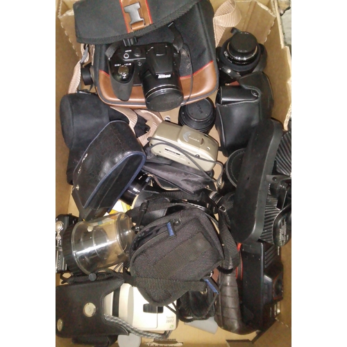 294 - Seven boxes of assorted camera equipment and binoculars.