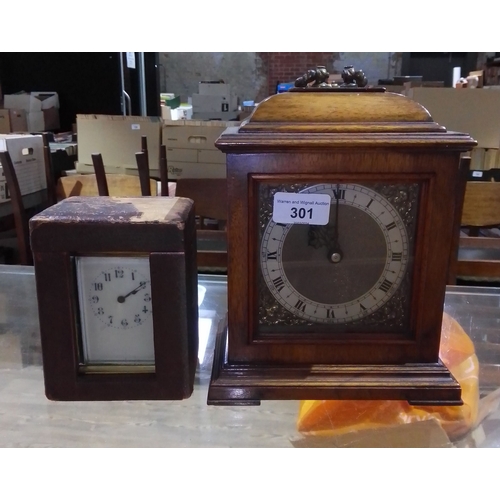 301 - A French brass carriage clock in case together with a Smiths electric bracket clock.