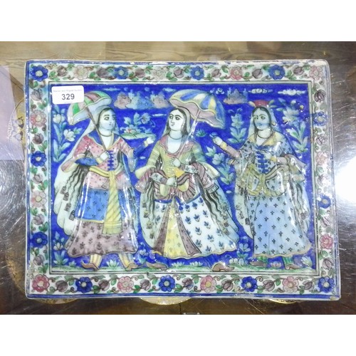 329 - A Qajar tin glazed earthen ware panel depicting three female figures, late 19th century, 38cm x 29cm... 