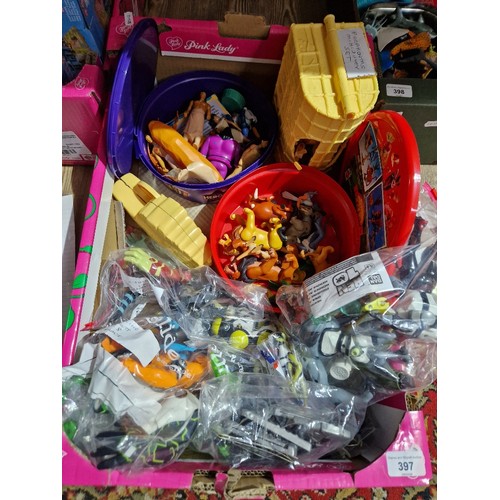 397 - A box of toys comprising 19 Ben 10 action figures (Bandai 2006), Disney Pocahontas mini set & figure... 