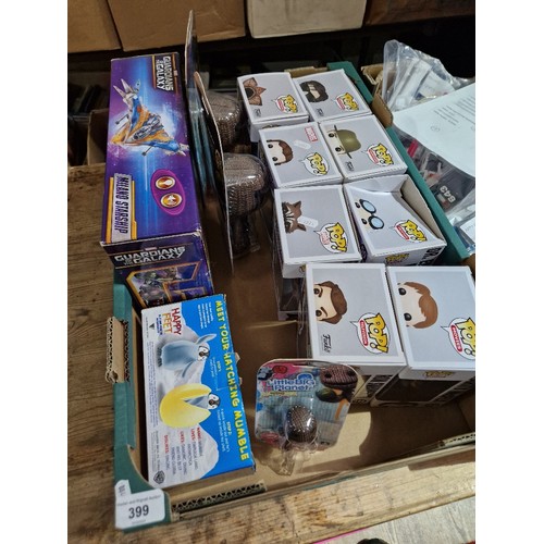 399 - A box of toys comprising 8 Funko Pop figures (Guardians of the Galaxy, Stranger Things, Back to the ... 