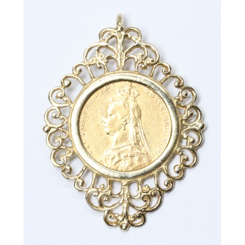 26 - Victoria 1890 sovereign, hallmarked 9ct gold pendant mount, length 47mm, gross weight 15.1g.